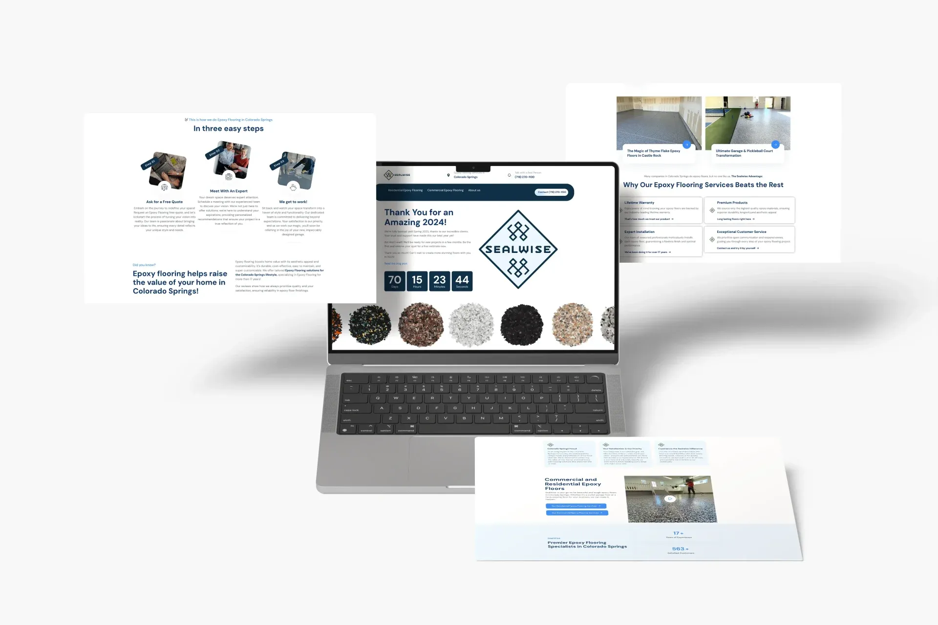 New Sealwise Epoxy brand identity system showing the redesigned logo on laptop, business cards, and branded materials with the geometric diamond icon