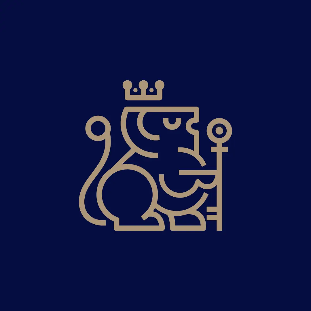 Heist Covers crowned lion mascot icon in gold line art on dark navy background