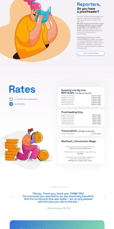 Professional Scopists staffing service website designed by DMS with illustrated characters and job board integration