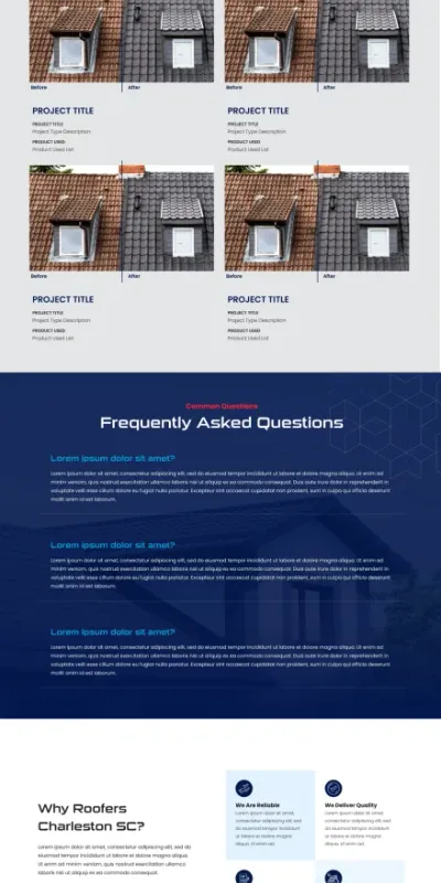 Roofing USA contractor website designed by DMS with lead capture form, before-and-after project gallery, and testimonials