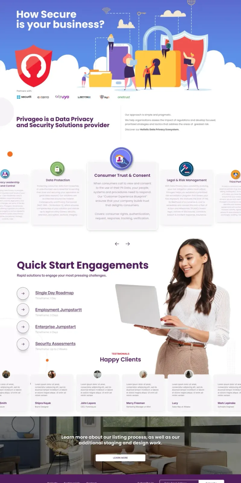 Privageo data privacy and security compliance website designed by DMS with compliance framework and enterprise client carousel