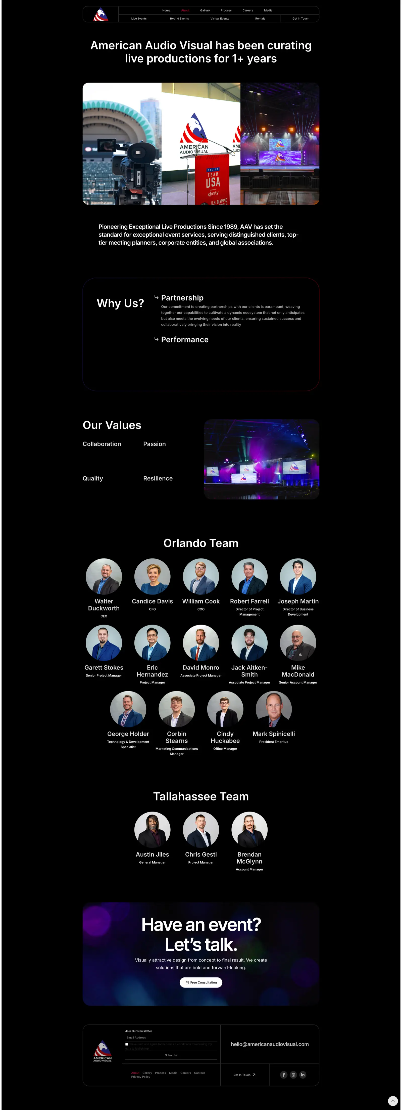 American Audio Visual About page with team photos, company values, and 30-year history
