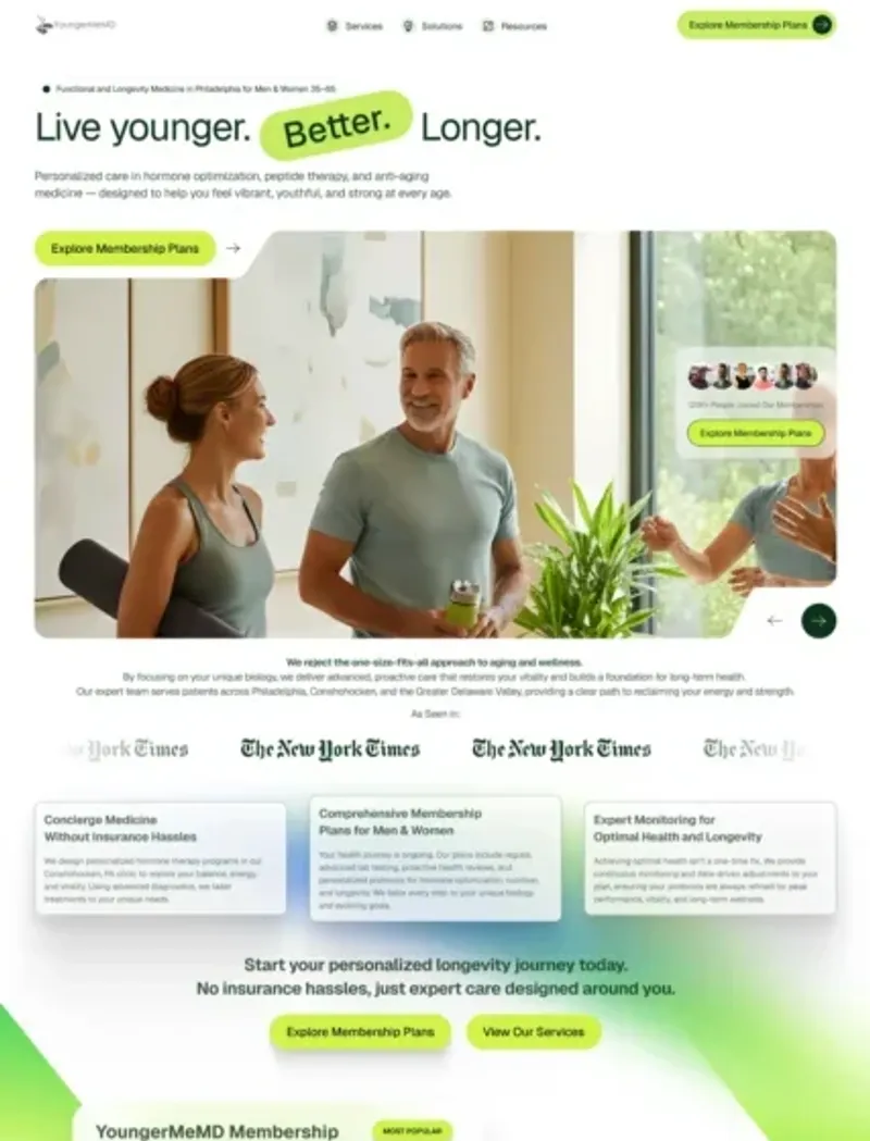 Top of the redesigned Younger Me MD homepage in green and white with the Live younger. Better. Longer. headline