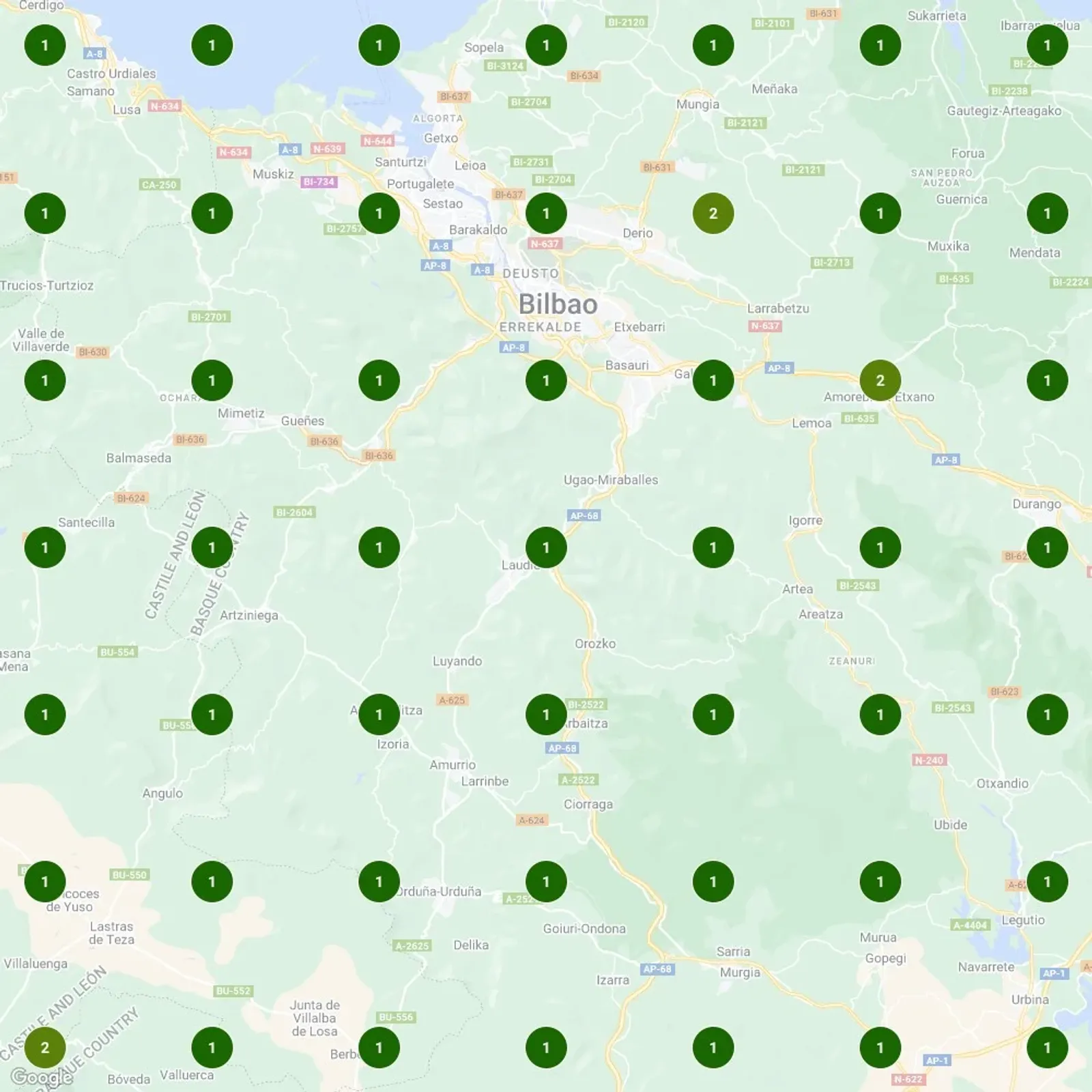 Google Maps grid view of the Bilbao, Spain region showing dozens of green numbered local SEO ranking markers spread across neighborhoods from Bilbao to Durango, demonstrating geographic search dominance for guitar lesson keywords