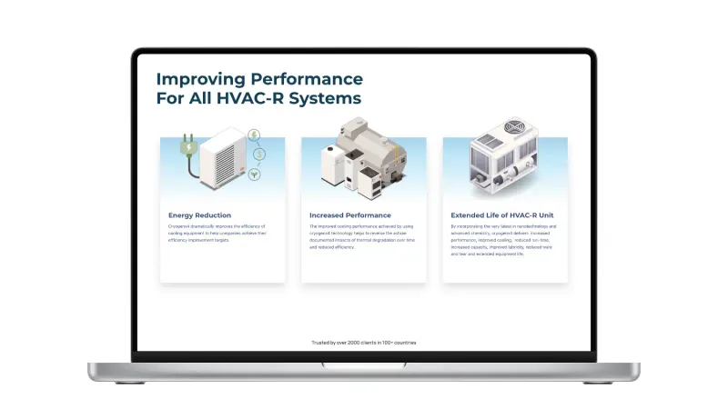 CryogenX4 website redesign featuring Houston skyline hero video and HVAC-R nanotechnology product presentation
