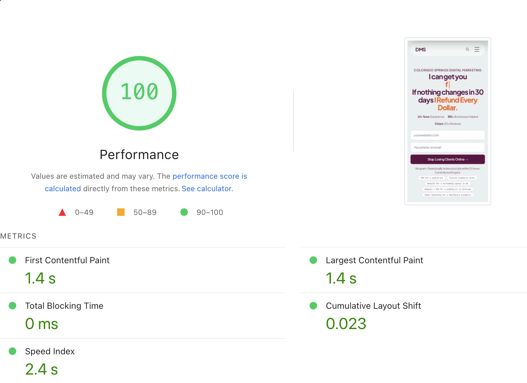 This site (then Digital Marketing Services) scoring 100 out of 100 on Google PageSpeed Insights