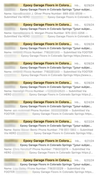 Email inbox with 9 quote requests for epoxy garage floors from the website form, June 20 to 29, 2024, company name blurred