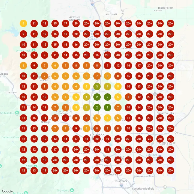 Google Maps grid scan of Colorado Springs for "bathroom remodel", November 21, 2025: a 15 by 15 grid of ranking pins with four #2 pins in the center and higher numbers toward the edges