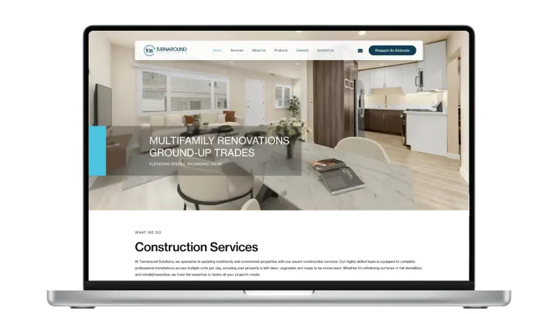 Turnaround Solutions website homepage showing navy and teal professional design with multifamily renovation services