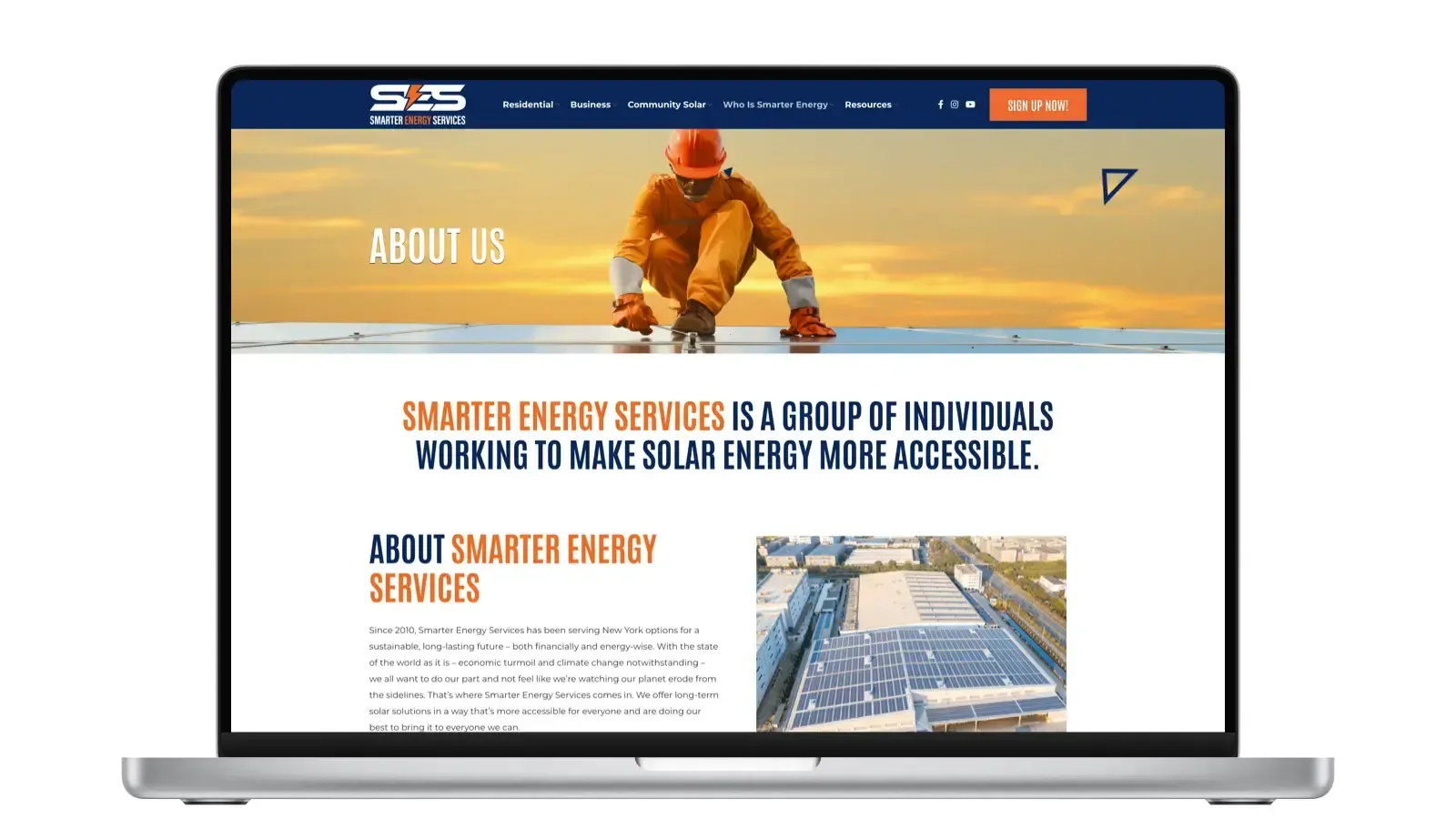 Smarter Energy Services homepage with solar panel hero section and orange-navy brand design
