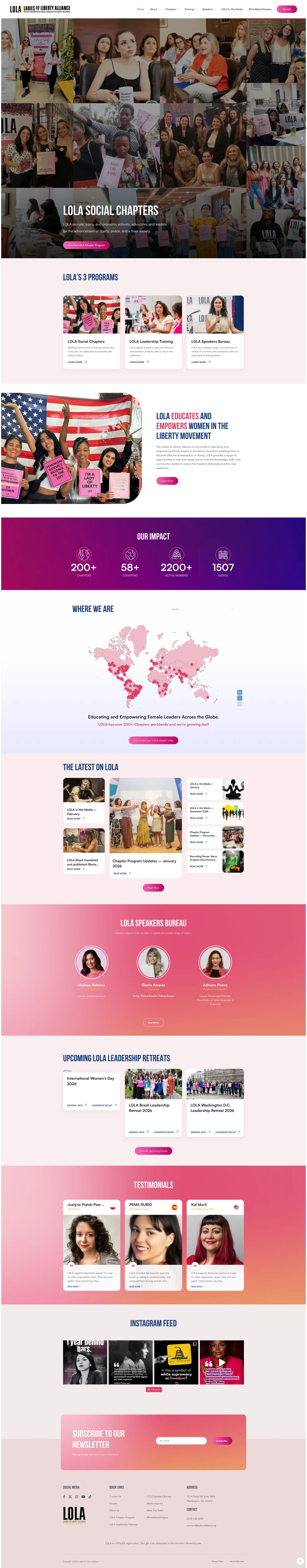 Ladies of Liberty Alliance full homepage design with hero slider, program cards, and impact counters