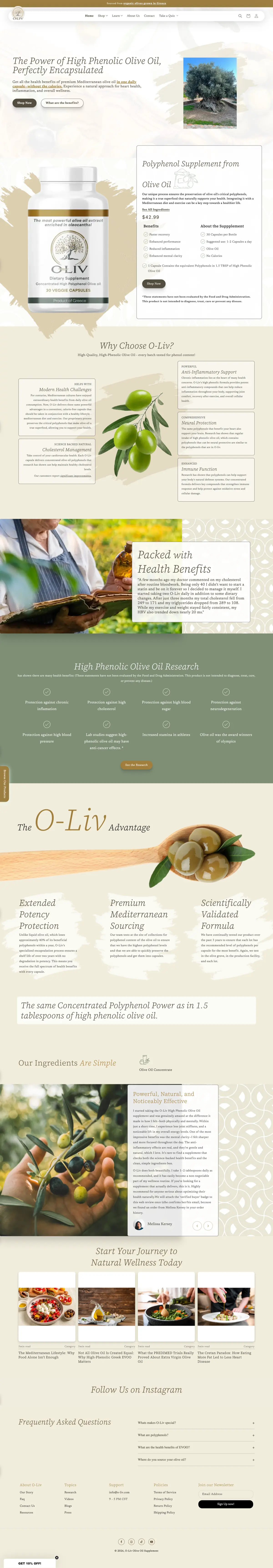 O-Liv homepage design with hero section and trust badges