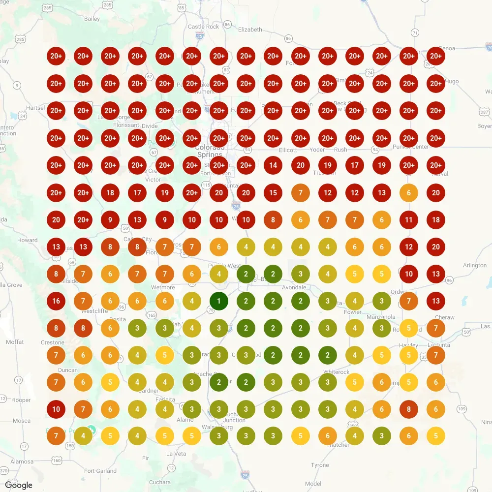 Rank grid for 'wedding dj' from Pueblo to north of Colorado Springs: a Pueblo business ranks #1 to #3 around Pueblo and is not in the top 20 anywhere in Colorado Springs