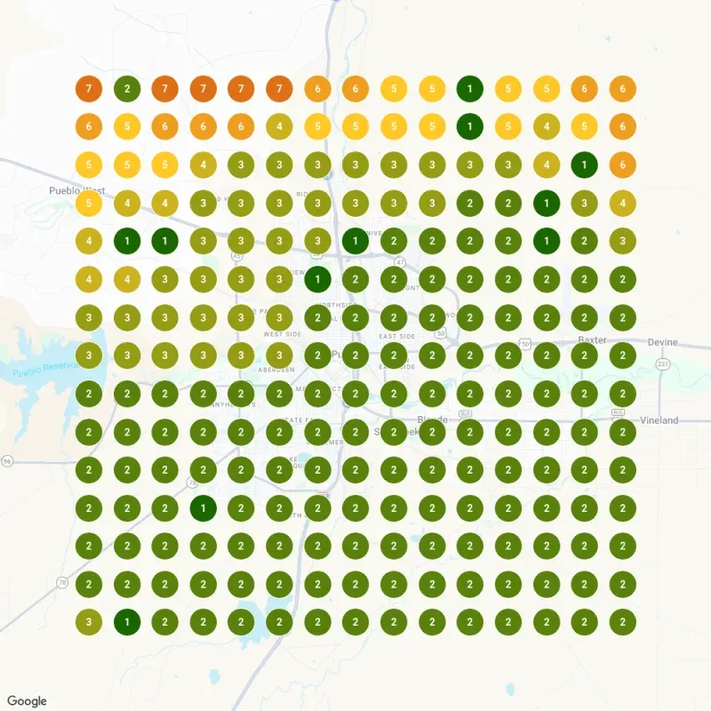 Rank grid after the Google Business Profile fix, January 25, 2026: mostly positions 1 to 3 across Pueblo