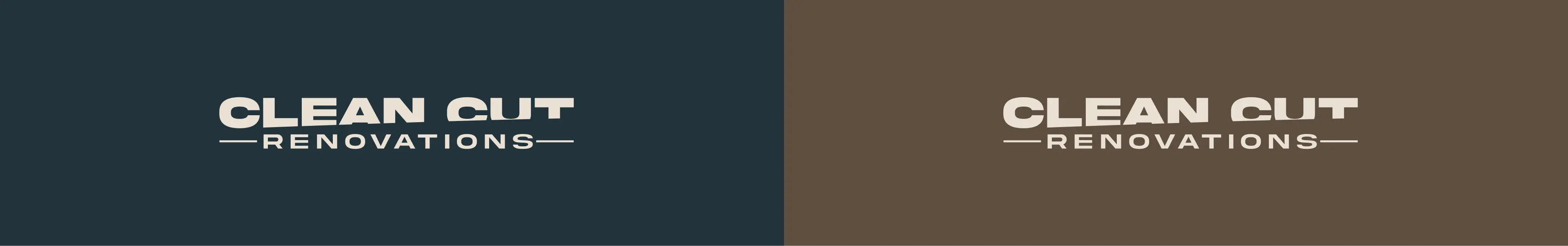 Clean Cut Renovations logo in two color variations on dark teal and warm brown backgrounds
