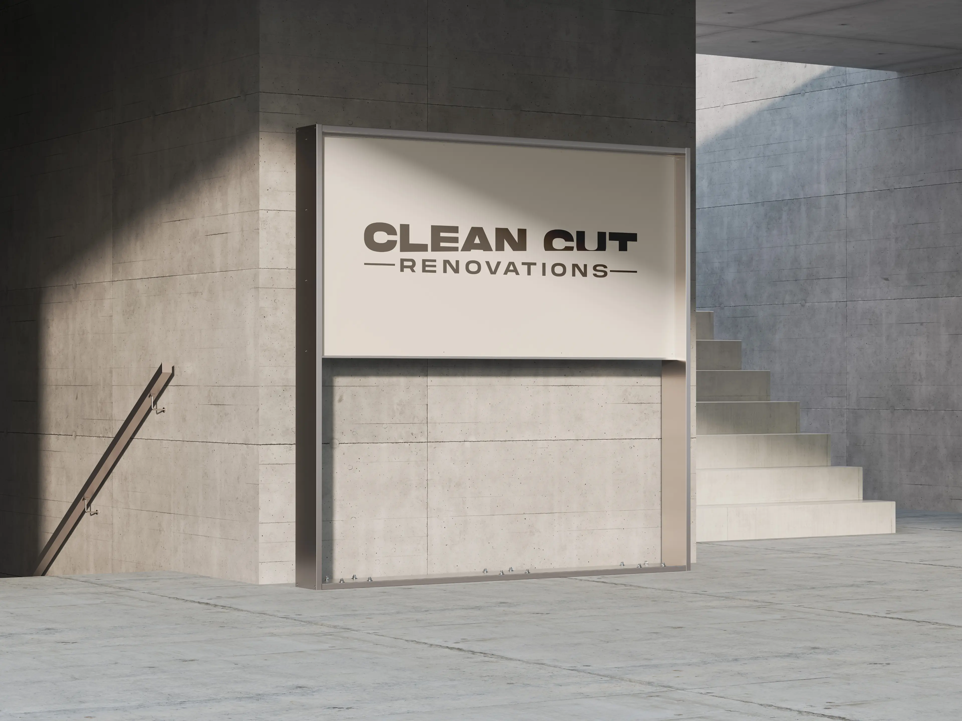 Clean Cut Renovations logo displayed on concrete building signage showing diagonal cut letterforms