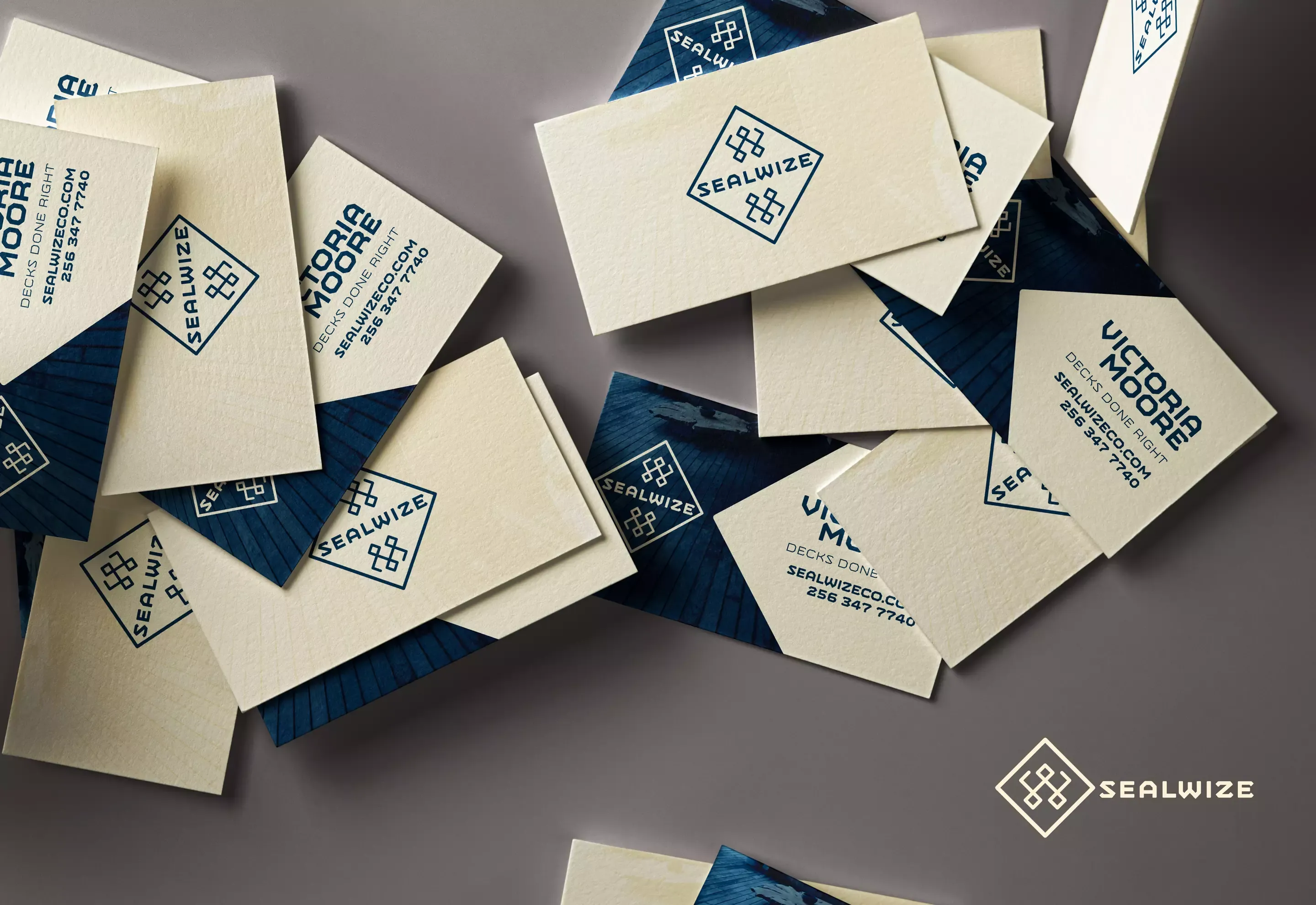 Scattered Sealwise business cards showing front and back designs with the geometric brand system