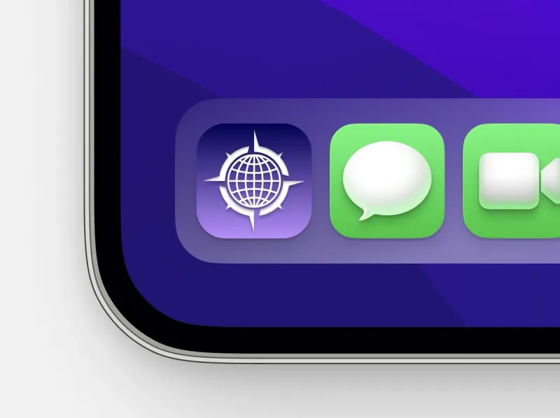 Pegria compass-globe app icon shown in iOS dock alongside Messages and FaceTime on purple gradient background