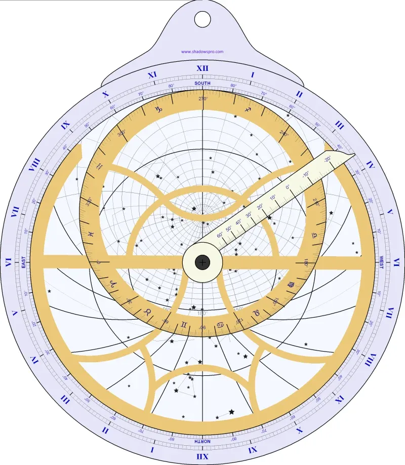 Historical planispheric astrolabe showing intricate brass navigational instrument with celestial markings and graduated scales