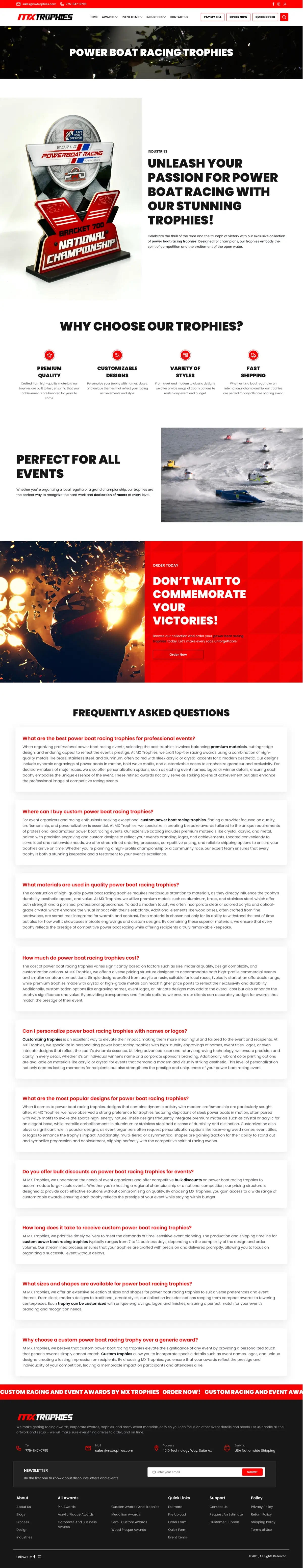 MX Trophies power boat racing trophies landing page with sport-specific messaging