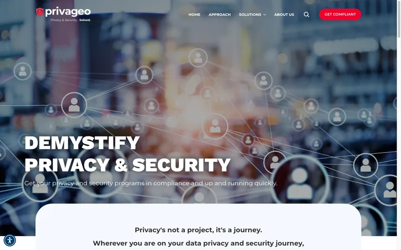 Privageo homepage hero section with bold Demystify Privacy and Security headline over connected network illustration