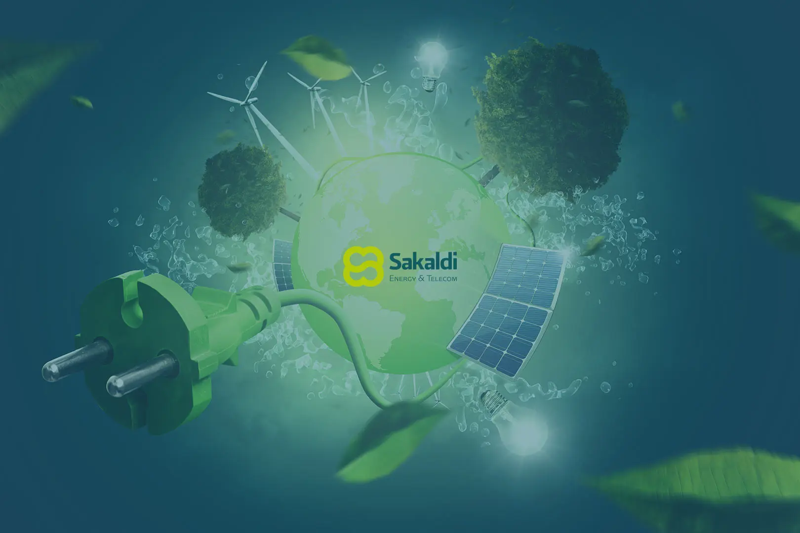 Sakaldi brand design over renewable energy imagery with wind turbines and solar panels