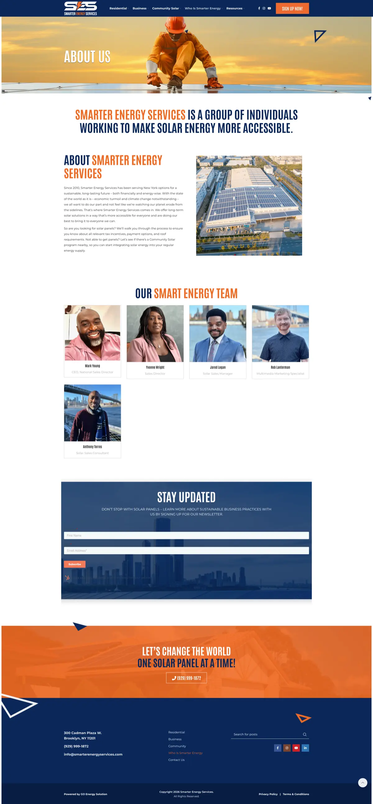 About page with full team photos, newsletter signup, and Brooklyn office address