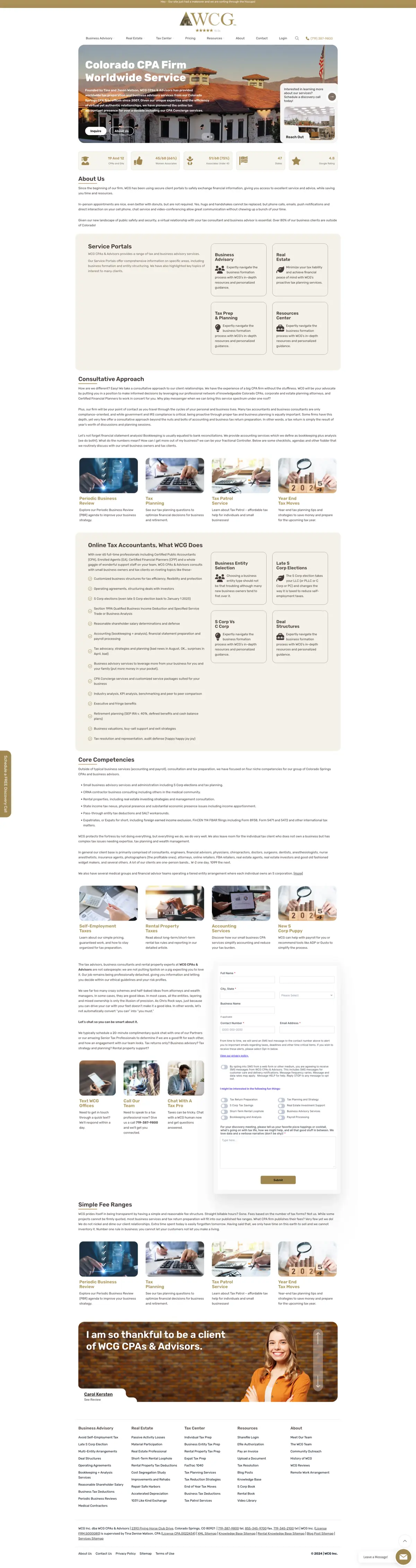 WCG CPAs & Advisors homepage showing earthy gold branding and service navigation
