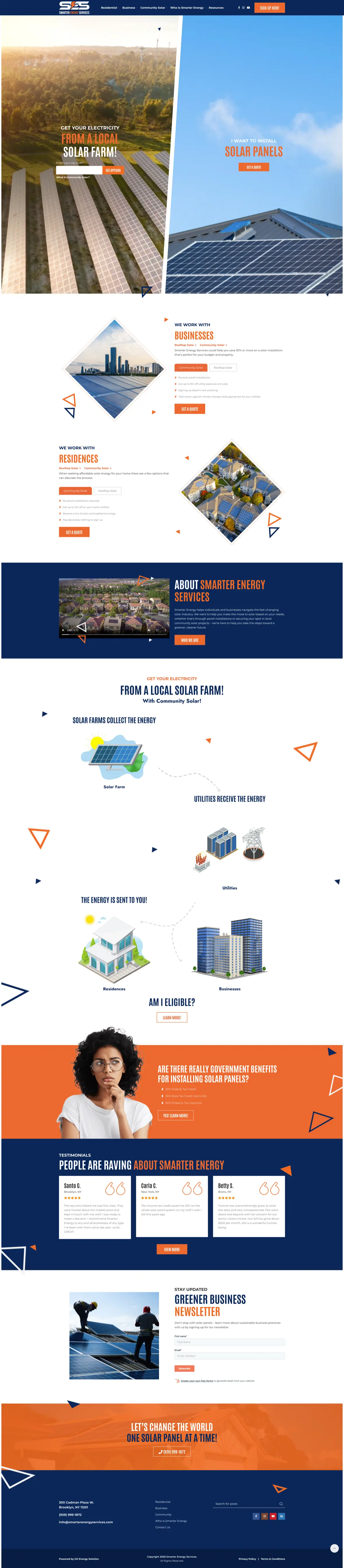 Smarter Energy Services homepage with solar farm hero, diamond image crops, and orange-navy color scheme
