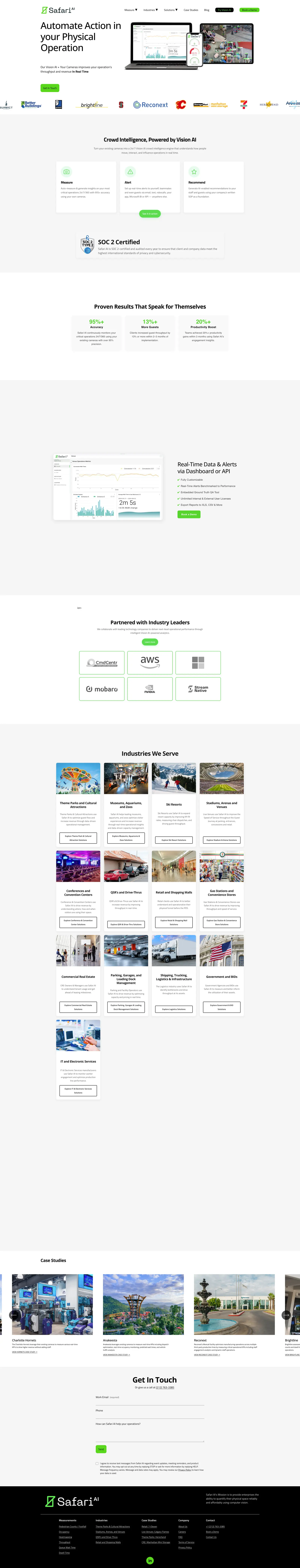 Safari AI homepage with hero section, measurement categories, industry use cases, and enterprise case study grid