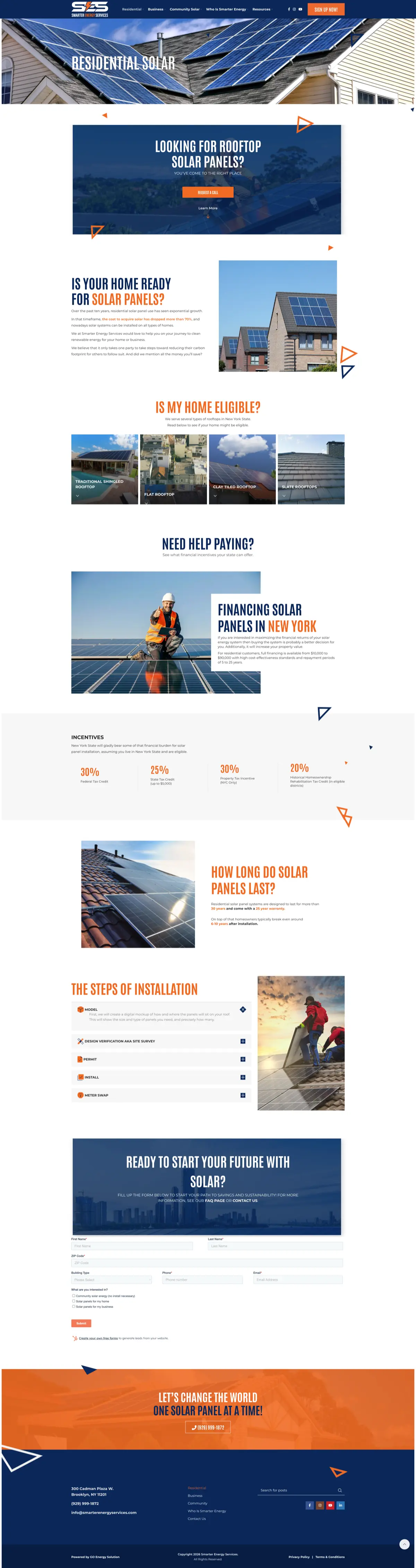 Residential solar page with structured FAQ-style layout answering homeowner questions in order