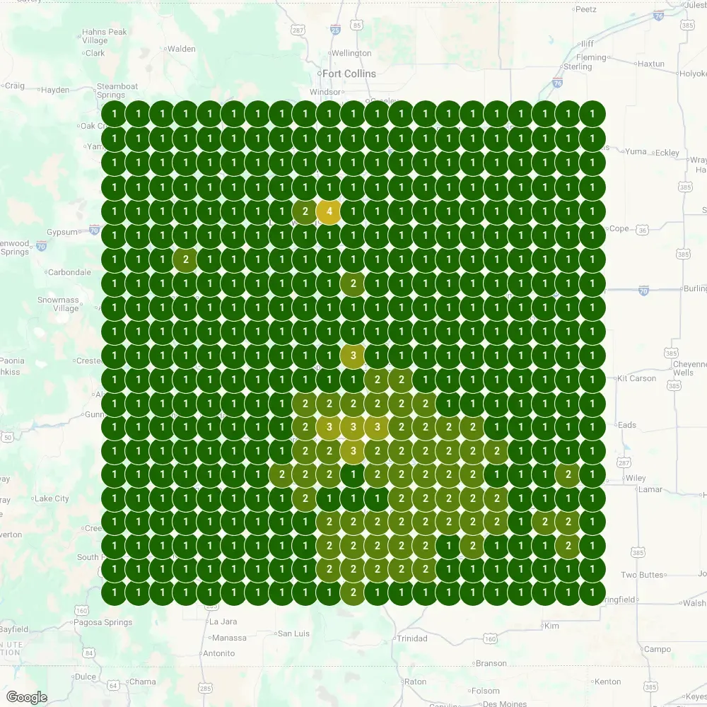 Local SEO heatmap showing #1 rankings (green) for 'wedding DJ Pueblo' across 100-mile radius of Colorado - 441 data points measured