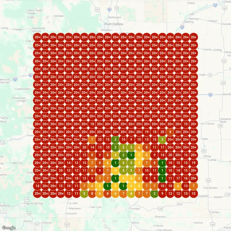 GeoGrid heatmap showing Wedding DJ Colorado ranking #1 for 'wedding DJ Pueblo' across 100 miles of Colorado