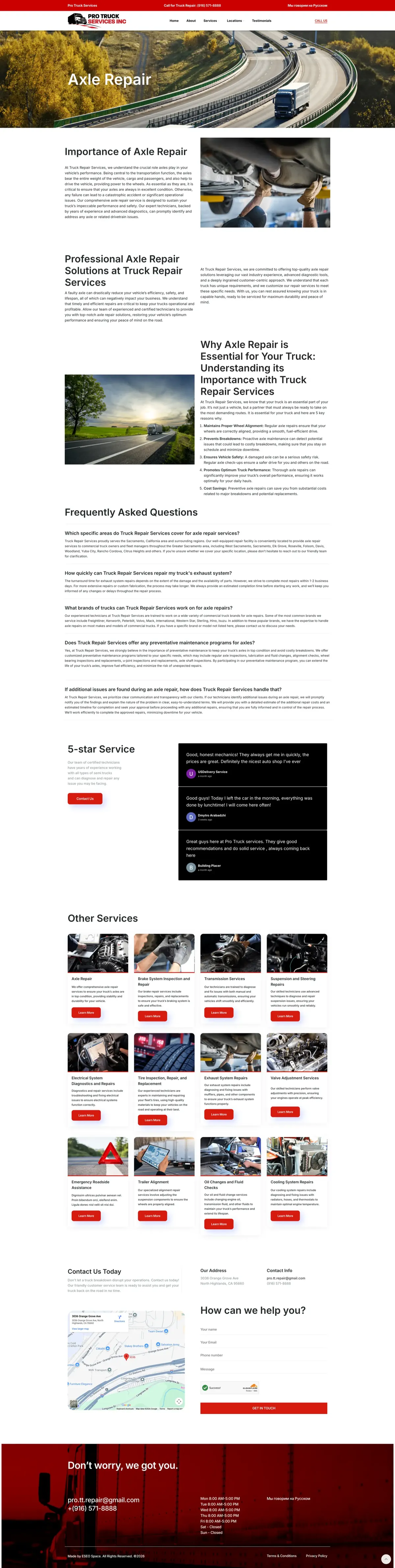 Axle repair service page with detailed service information and FAQs