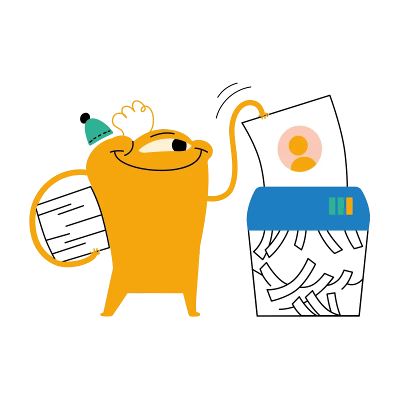 Illustrated character feeding documents into a paper shredder, representing ShredConnect certified product destruction services