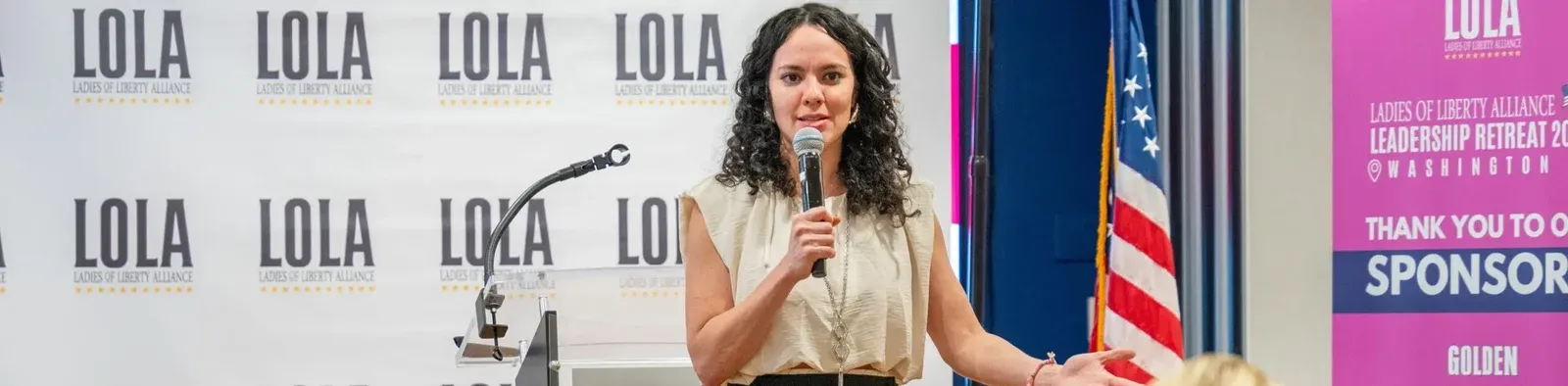 LOLA Speakers Bureau banner featuring female thought leaders from around the world at a Ladies of Liberty Alliance event