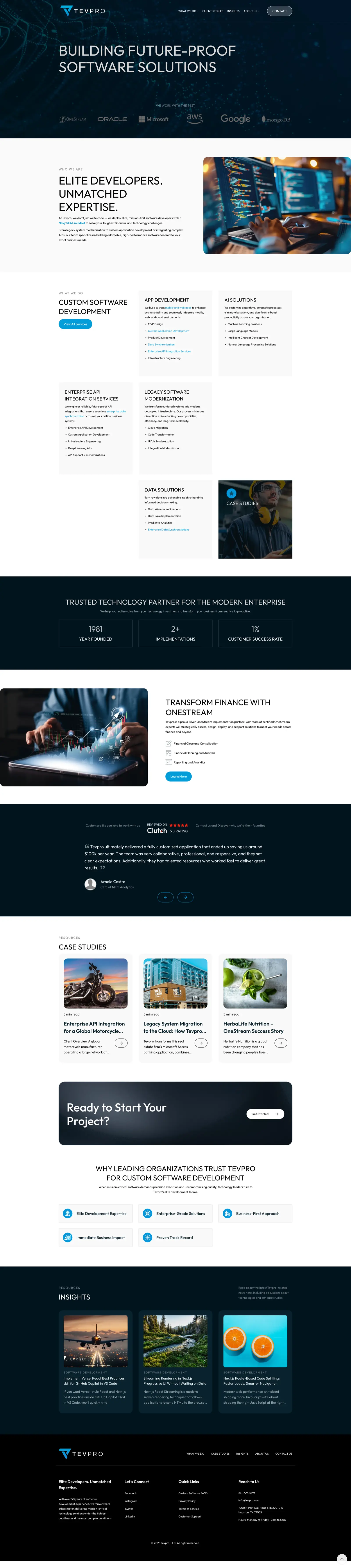 Tevpro homepage design with hero section, partner logos, and service cards