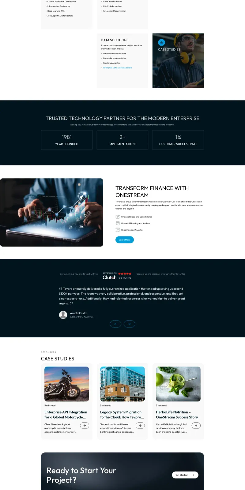 Tevpro homepage design with hero section, partner logos, and service cards