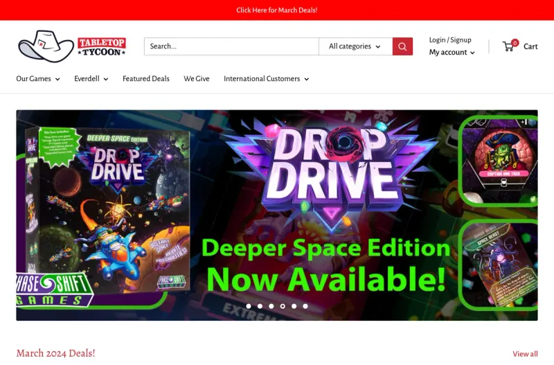 The tabletoptycoon.com home page in March 2024: a red deals bar, a white header with a search bar and category menu, a Drop Drive slider, and a deals row