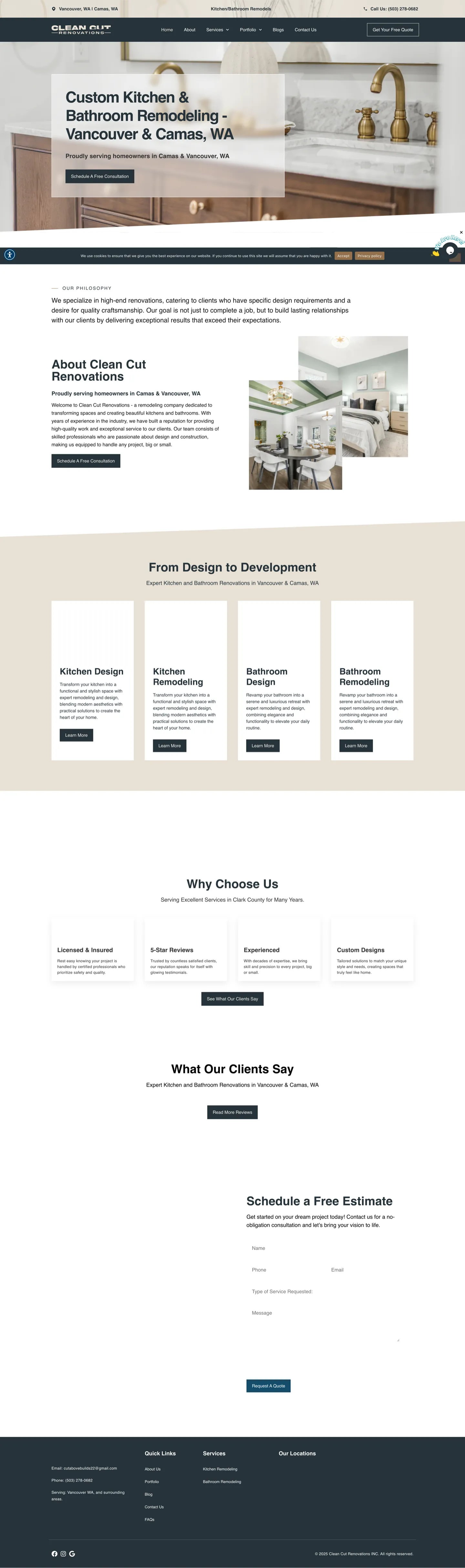 Clean Cut Renovations homepage featuring kitchen hero photo, service category cards, and trust signals
