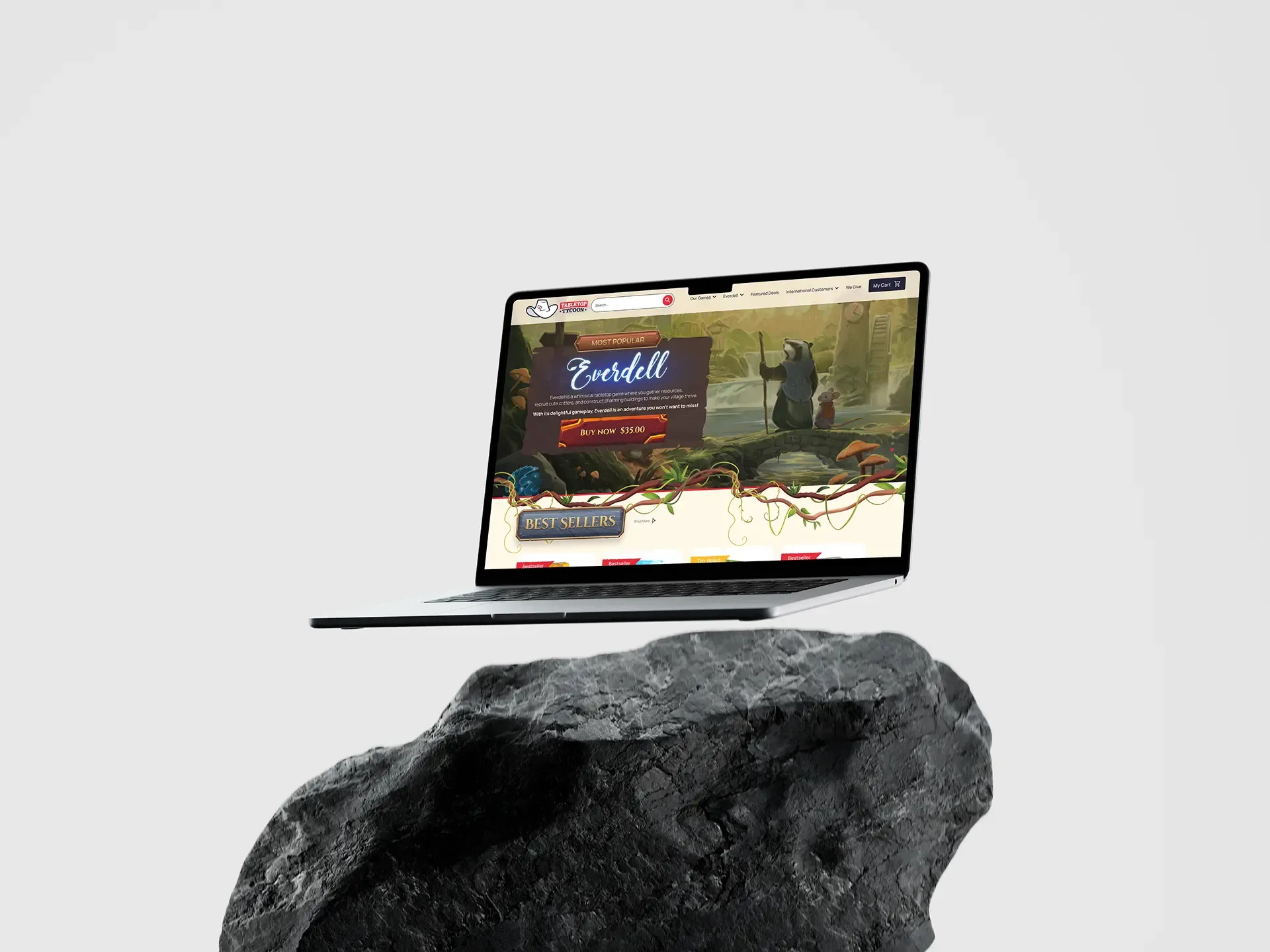My Tabletop Tycoon home page design on a laptop: Everdell in the hero under a Most Popular sign, a Buy Now button, and vine borders above a wooden sign heading